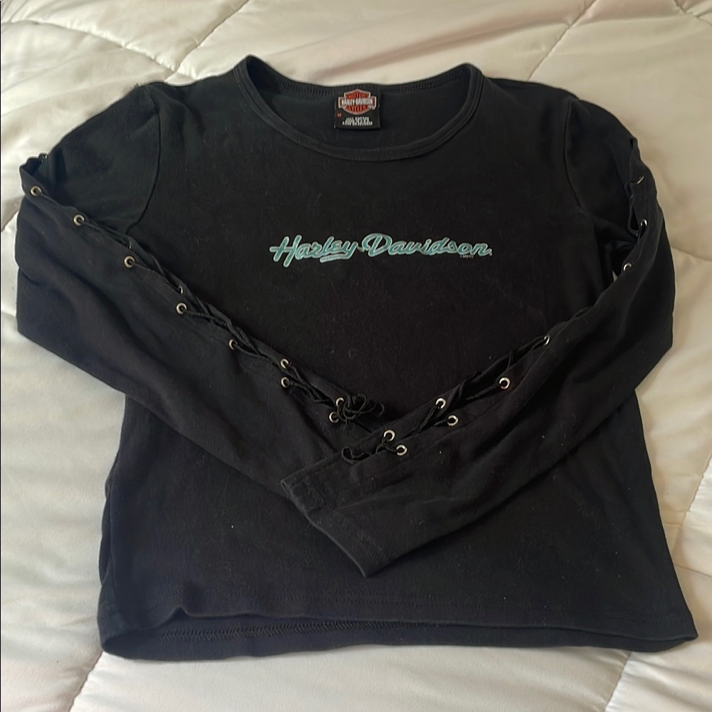 Harley-Davidson Black Top with Teal Script and Lace-Up Sleeves medium vintage